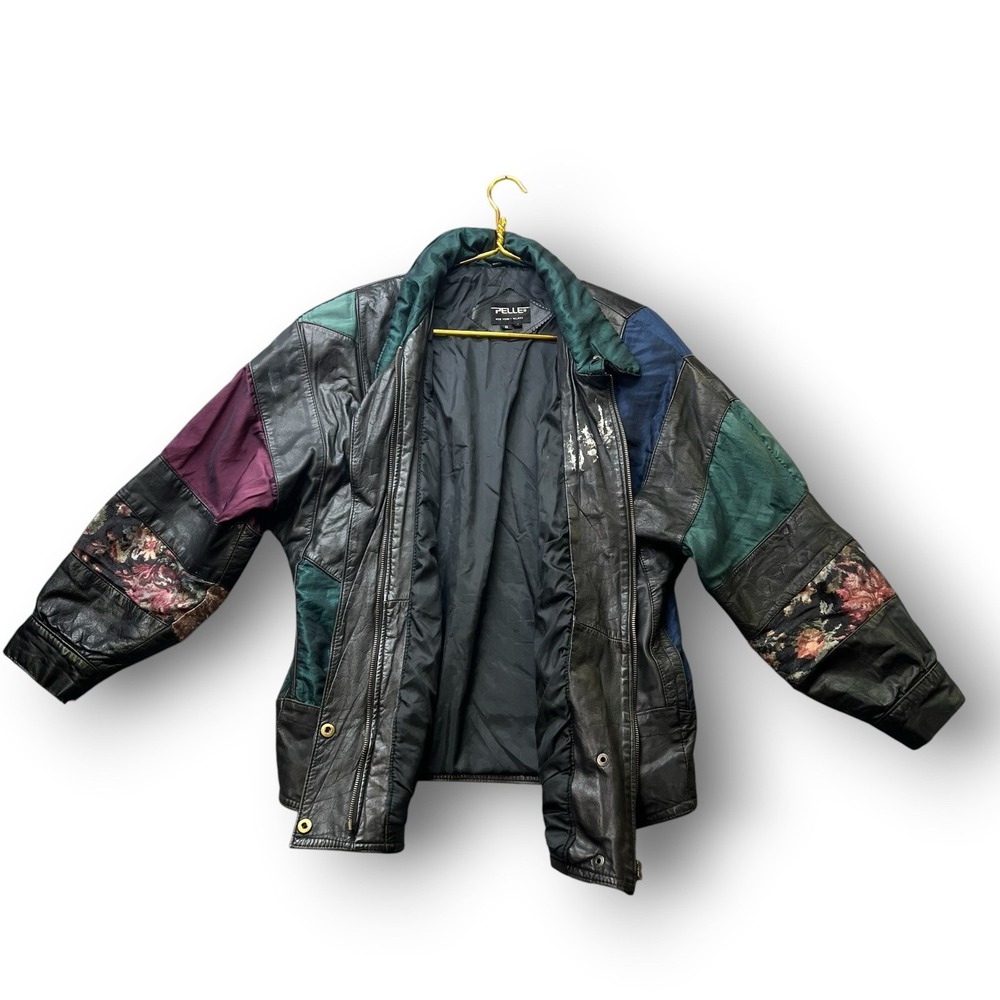 Vintage Pelle Leather Patchwork Jacket Womens Black Colorblock Floral 24x28